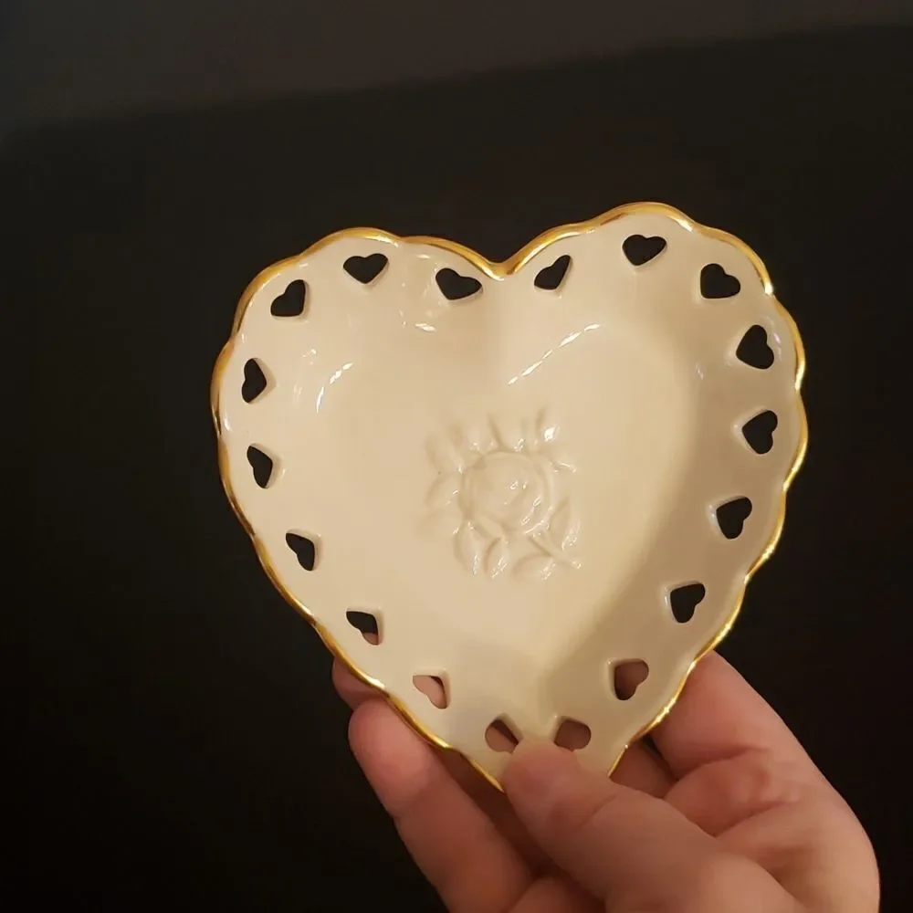 Small Vintage Lenox Heart Shaped Dish with Heart Shaped Cutouts Gold Trim